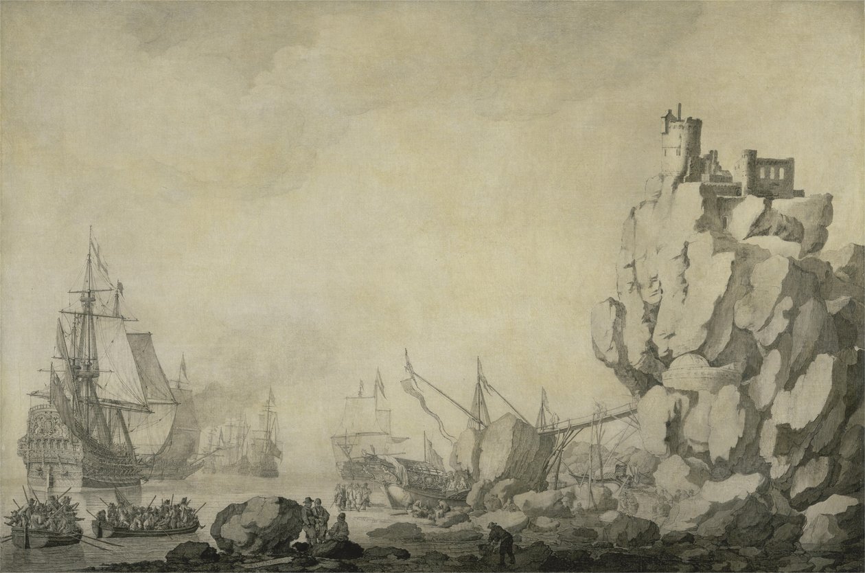 Ships and Militia by a Rocky Shore by Willem van de the Elder Velde
