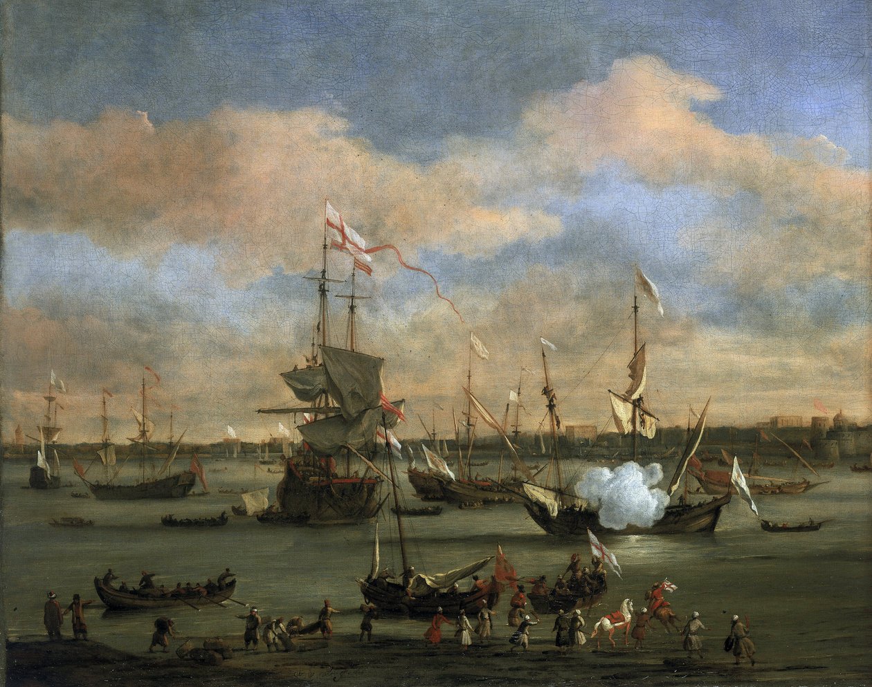 British trading ship in a port in the Mediterranean Sea by Willem van de Velde the Younger