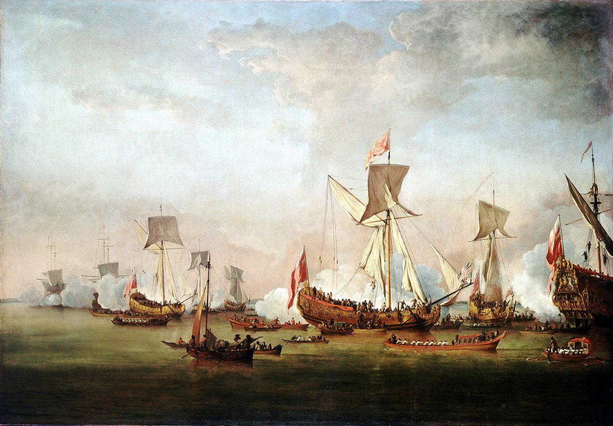 The departure of Prince William of Orange and Princess Mary II, on a honeymoon trip to Holland, November 19 by Willem van de Velde the Younger
