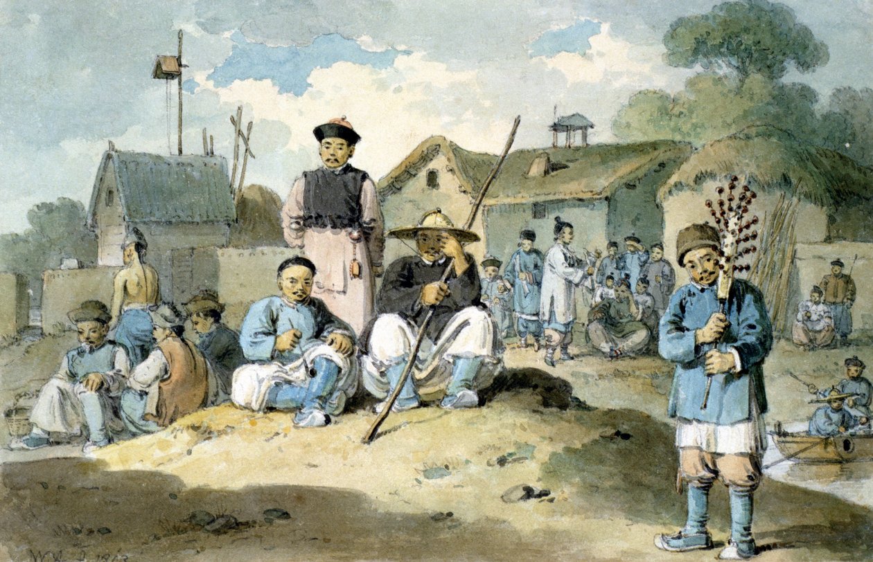 A group of Chinese on the bank of a river, watching the Earl Macartney