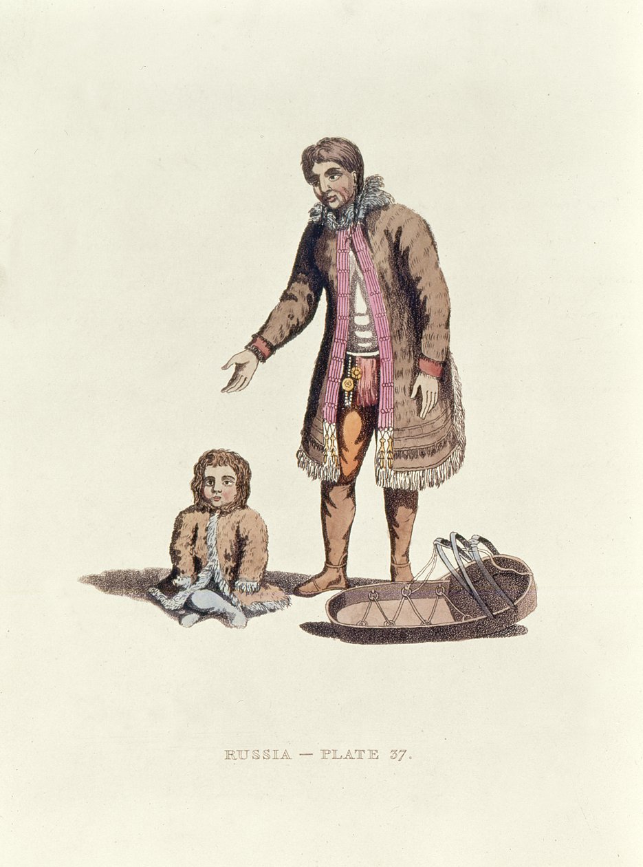 Samoyed woman with her baby and a cradle from Dress of the Russians, 1814 by William Alexander