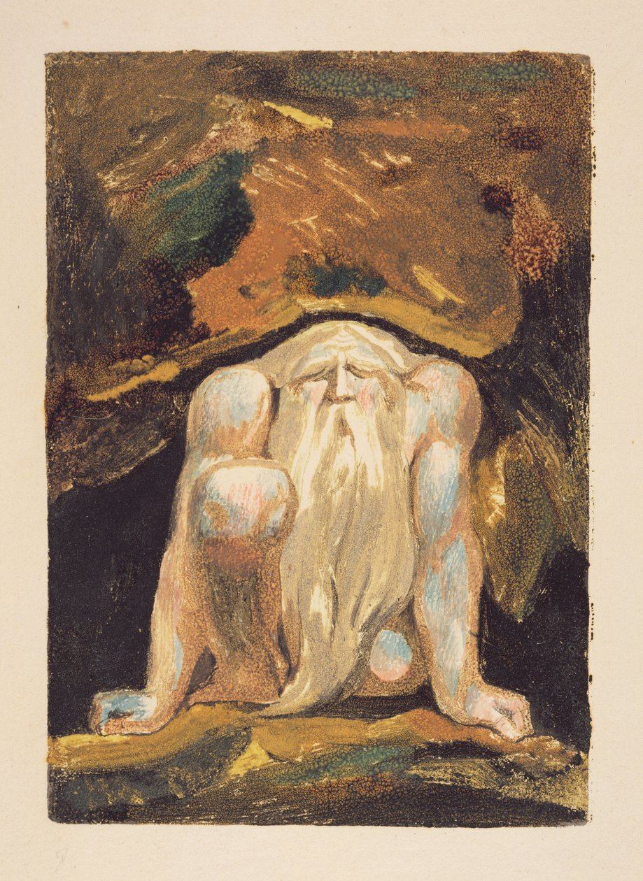 A naked man with a long beard kneeling with one knee raised and both hands on the ground, plate 8 from 