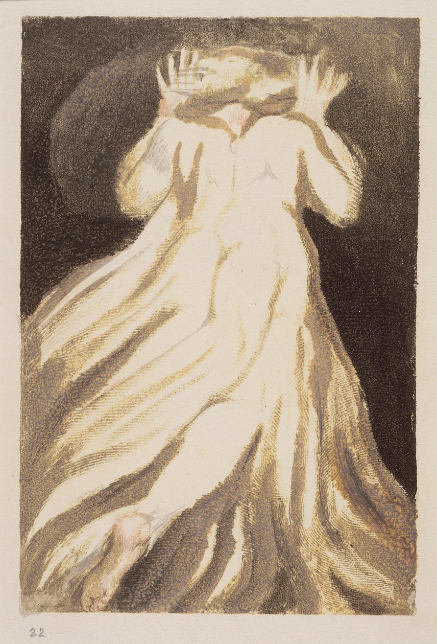 A white haired man in a long, pale robe who flees from us with his hands raised, plate 21 from 