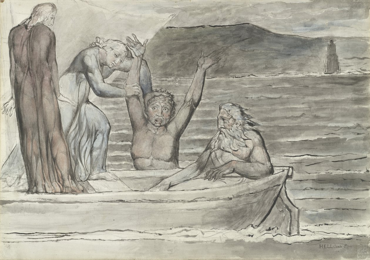 Dante and Virgil in the Skiff of Phlegyas are hailed by Filippo Argenti, illustration to the Divine Comedy by Dante Alighieri, 1824-27 by William Blake