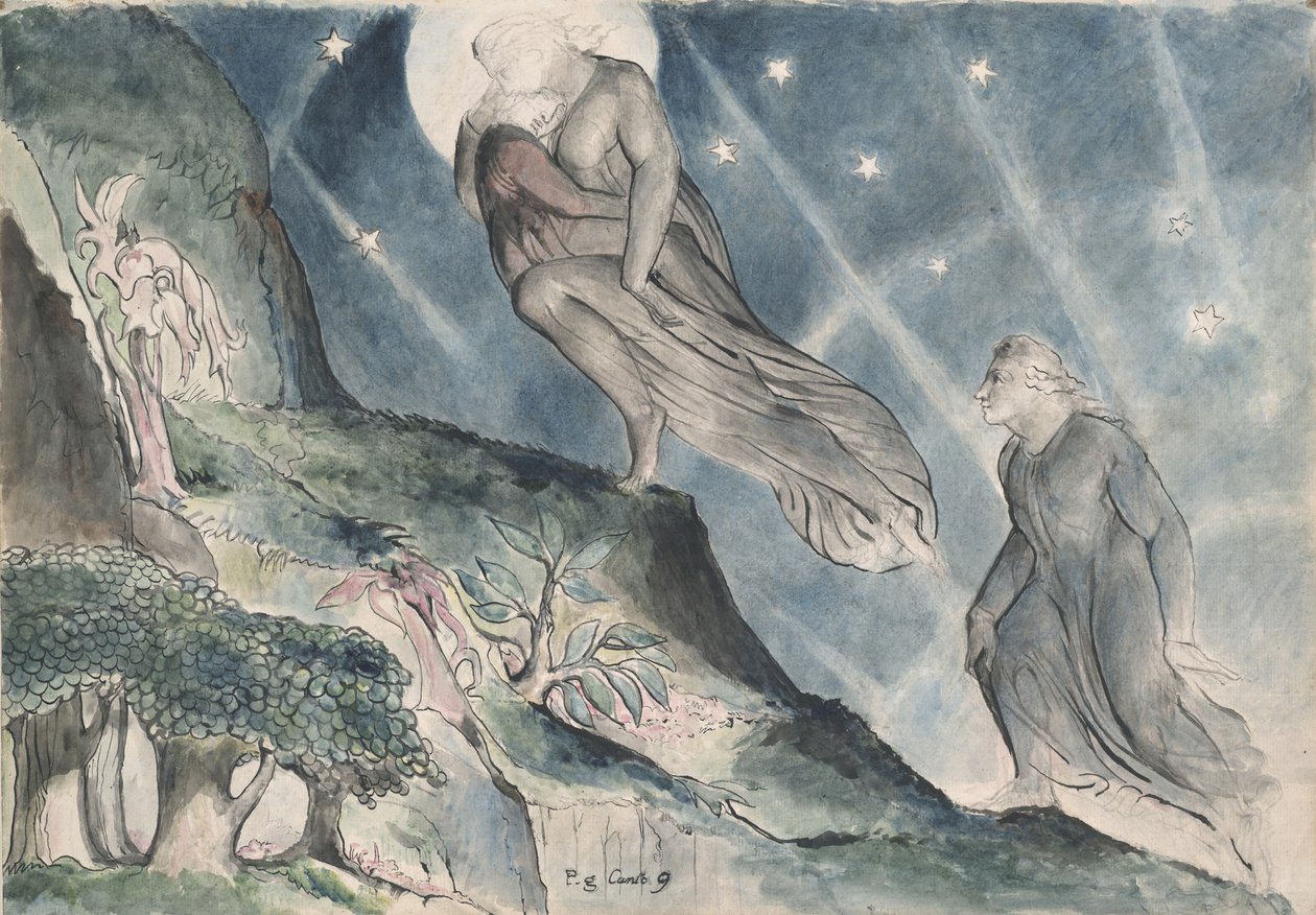 Lucia carrying Dante in his sleep, illustration to the Divine Comedy by Dante Alighieri, 1824-27 by William Blake