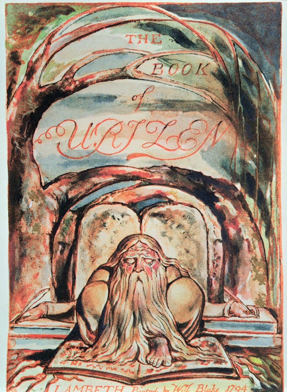 The First Book of Urizen; title page, showing Urizen seated beneath the Tree of Mystery writing 