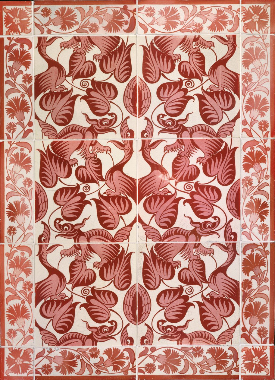 Tile panel of repeat pattern of Birds, Dragons and Foliage, c.1882-88 by William de Morgan