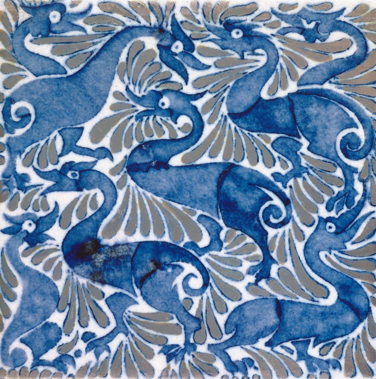 Tile with Dark Blue Bird-like Dragons amongst Foliage, 1898 by William de Morgan