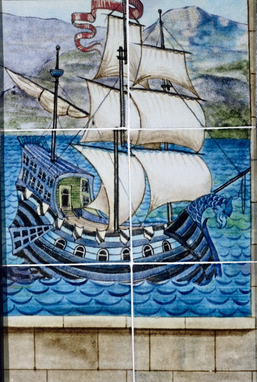 Six tiles depicting a galleon by William de Morgan