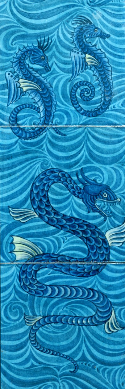 Tiles with sea-horses and a sea-serpent by William de Morgan