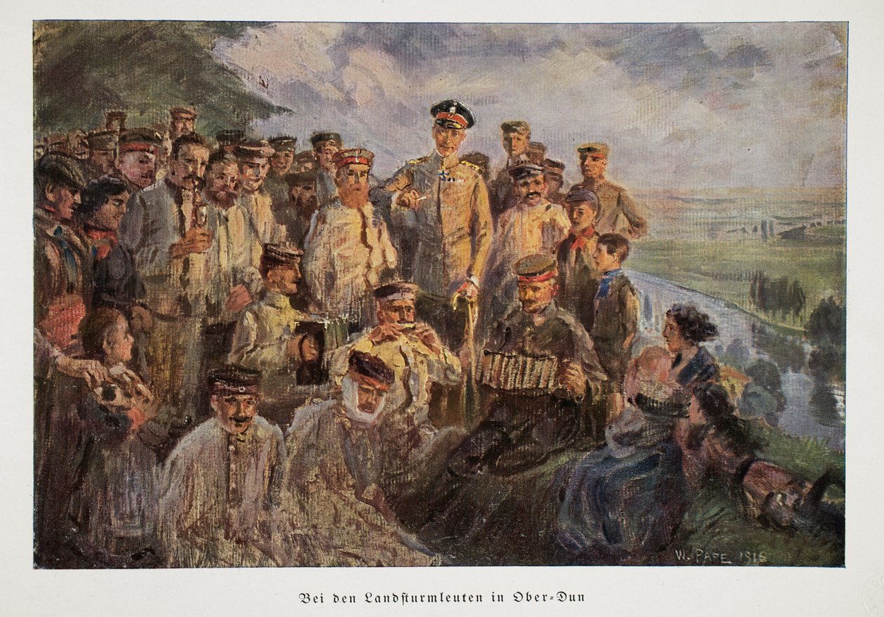 William, Crown Prince of Germany visiting troops who are relaxing with their families whilst off duty by William Friedrich Georg Pape