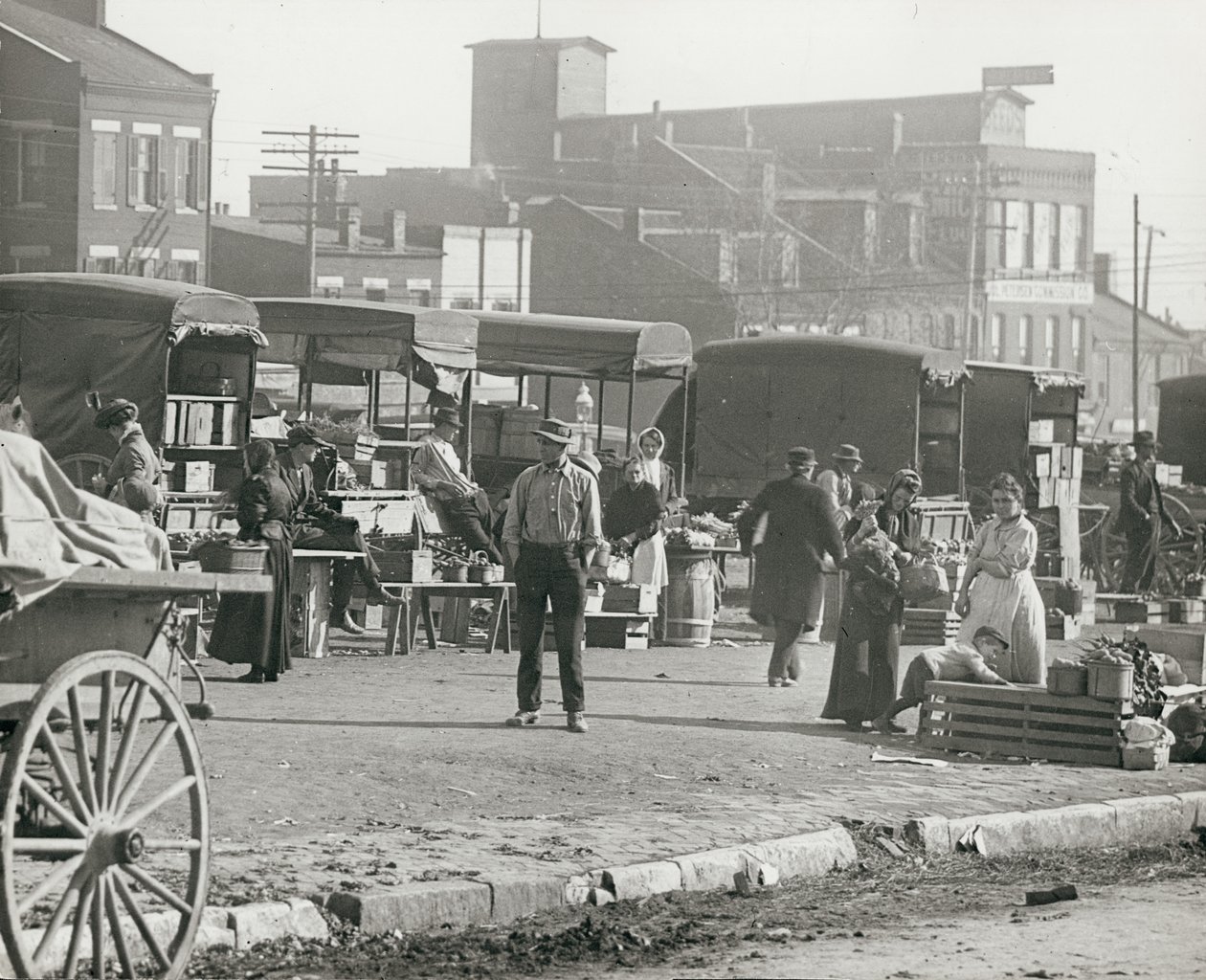 Horizontal, Black and White Photograph of Market Stalls and People Shopping by William G. Swekosky