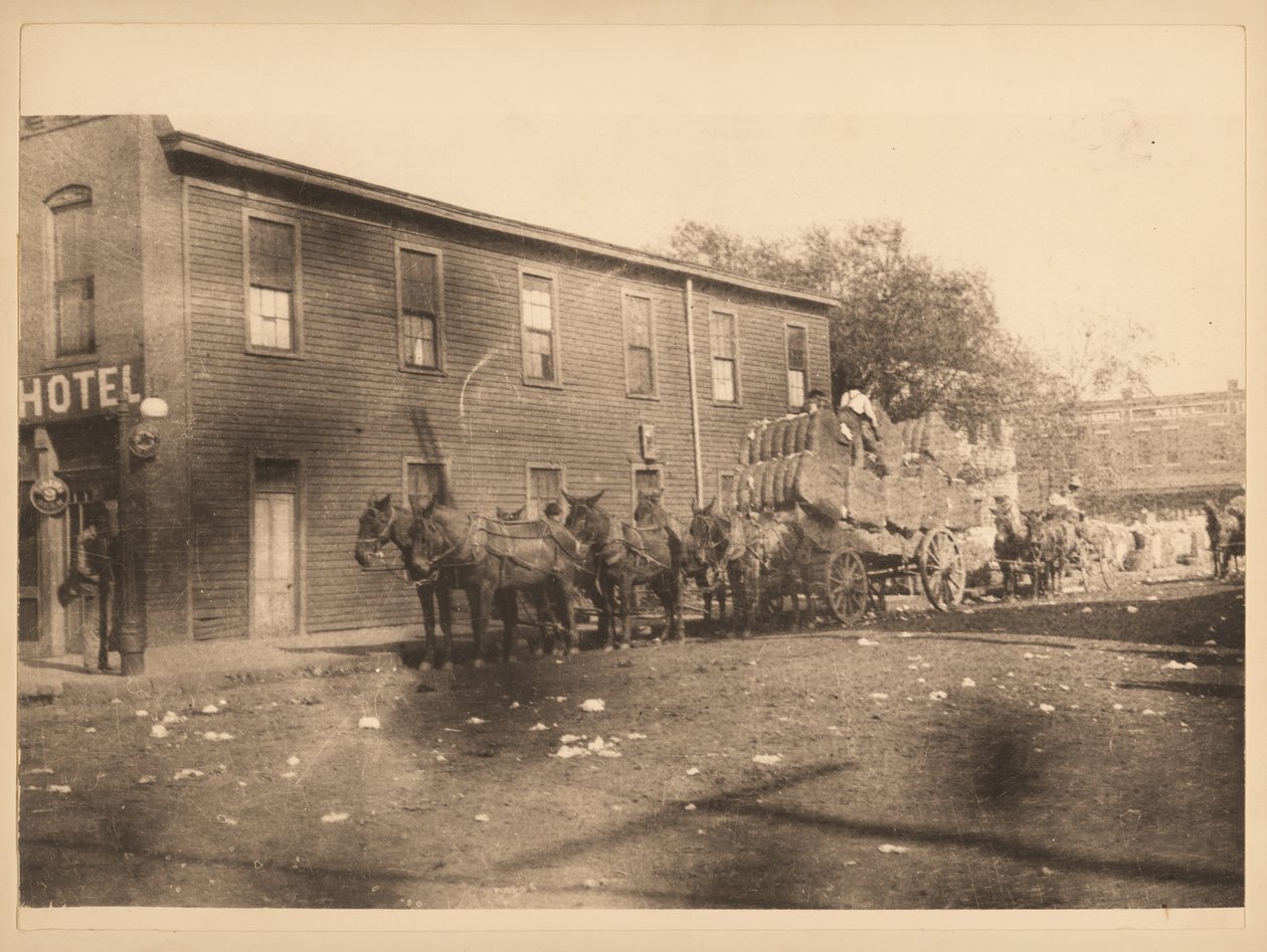 Six Mules Pulling Wagon Filled with Bales of Cotton on Unidentified Street by William G. Swekosky