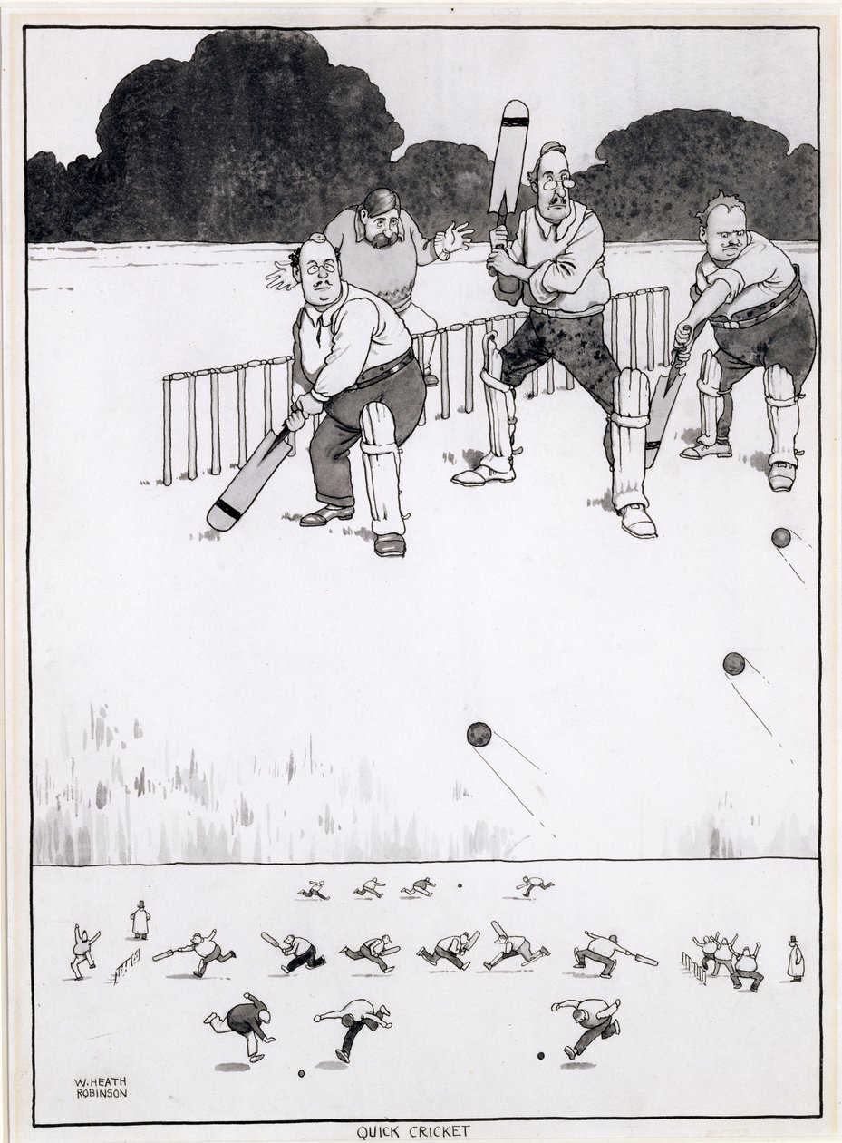 Quick Cricket, a New Method for Giving Both Sides a Chance, an Illustration for The Bystander, May 1927 by William Heath Robinson