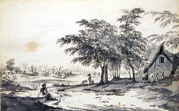 View of an Indian Village with a Man Seated in the Foreground by William Hodges