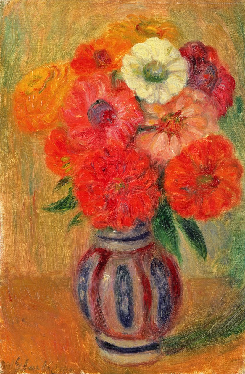 Zinnias in a Striped Blue Vase by William James Glackens