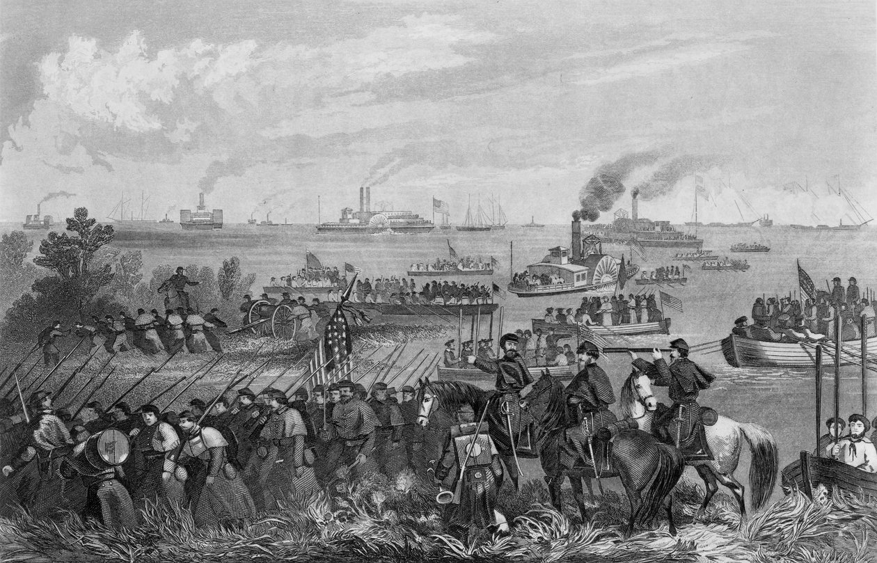 Landing of Troops on Roanoke Island, Burnside Expedition, 8th February 1862, engraved by George E. Perine by William Momberger