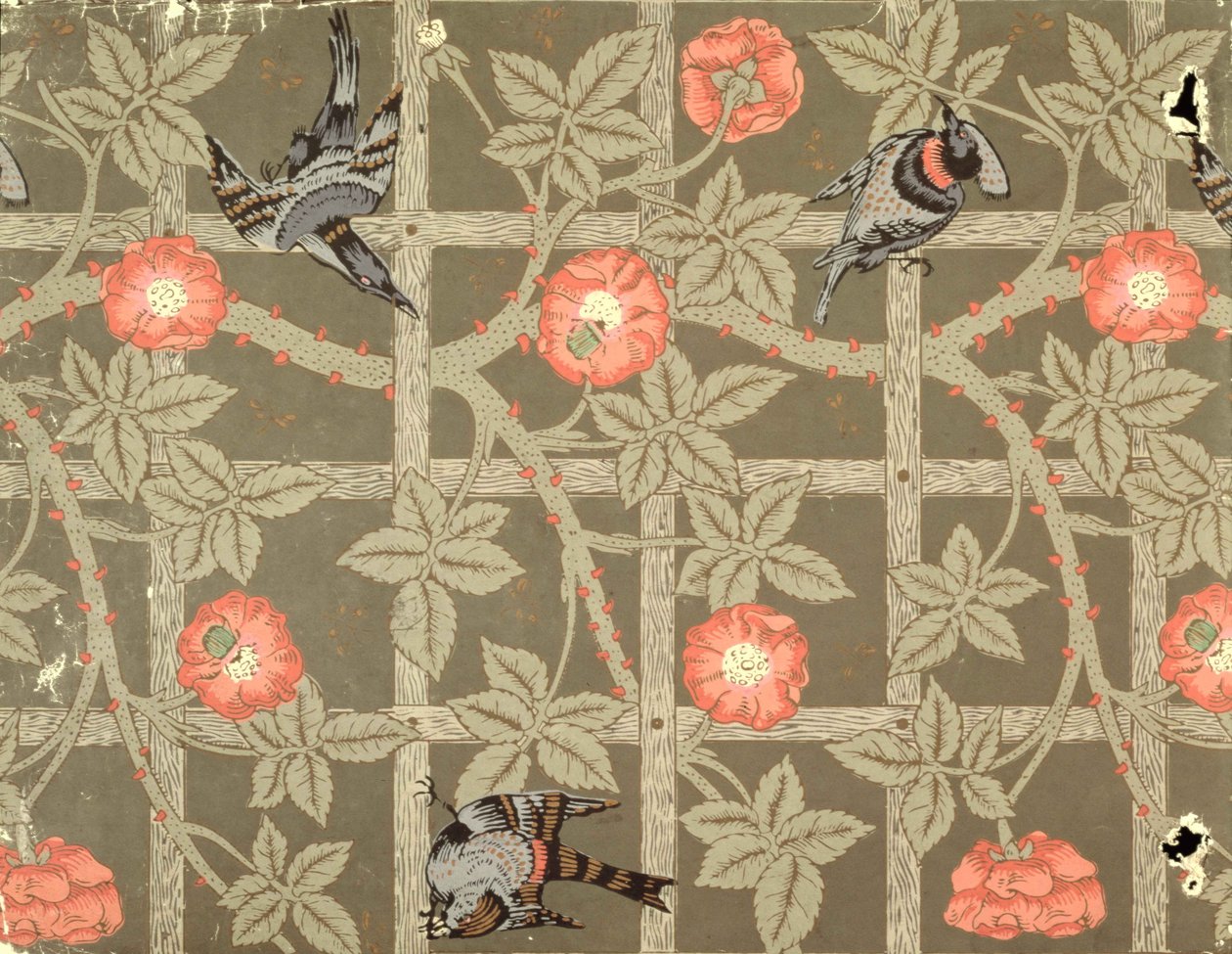 Trellis wallpaper design with a bottle green background, 1864 by William Morris