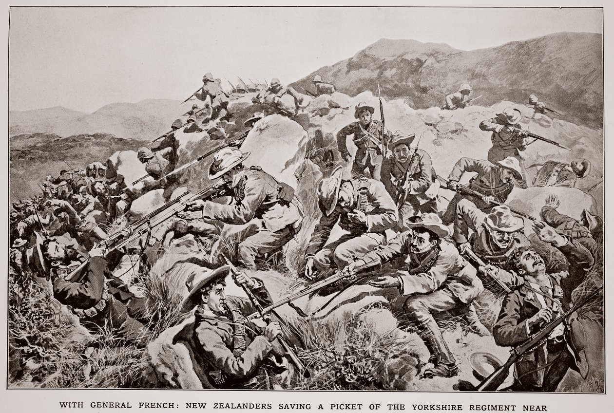 With General French: New Zealanders saving a picket of the Yorkshire Regiment near Slingersfontein on January 15, from a sketch by G.D. Giles by William Small