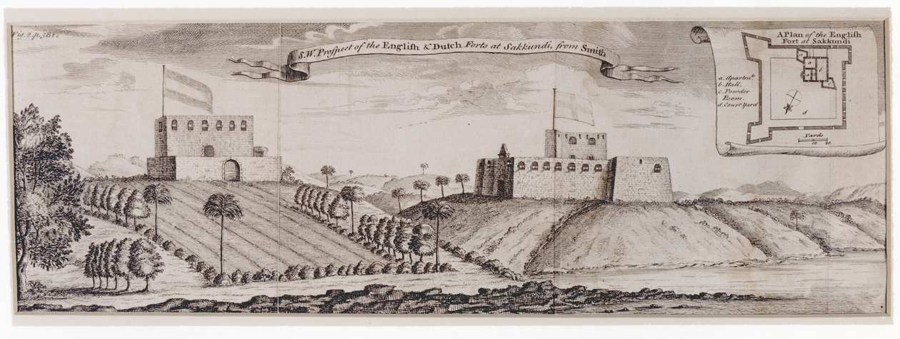 South-west Prospect of the English and Dutch Forts at Sakkundi, c.1744 by William Smith