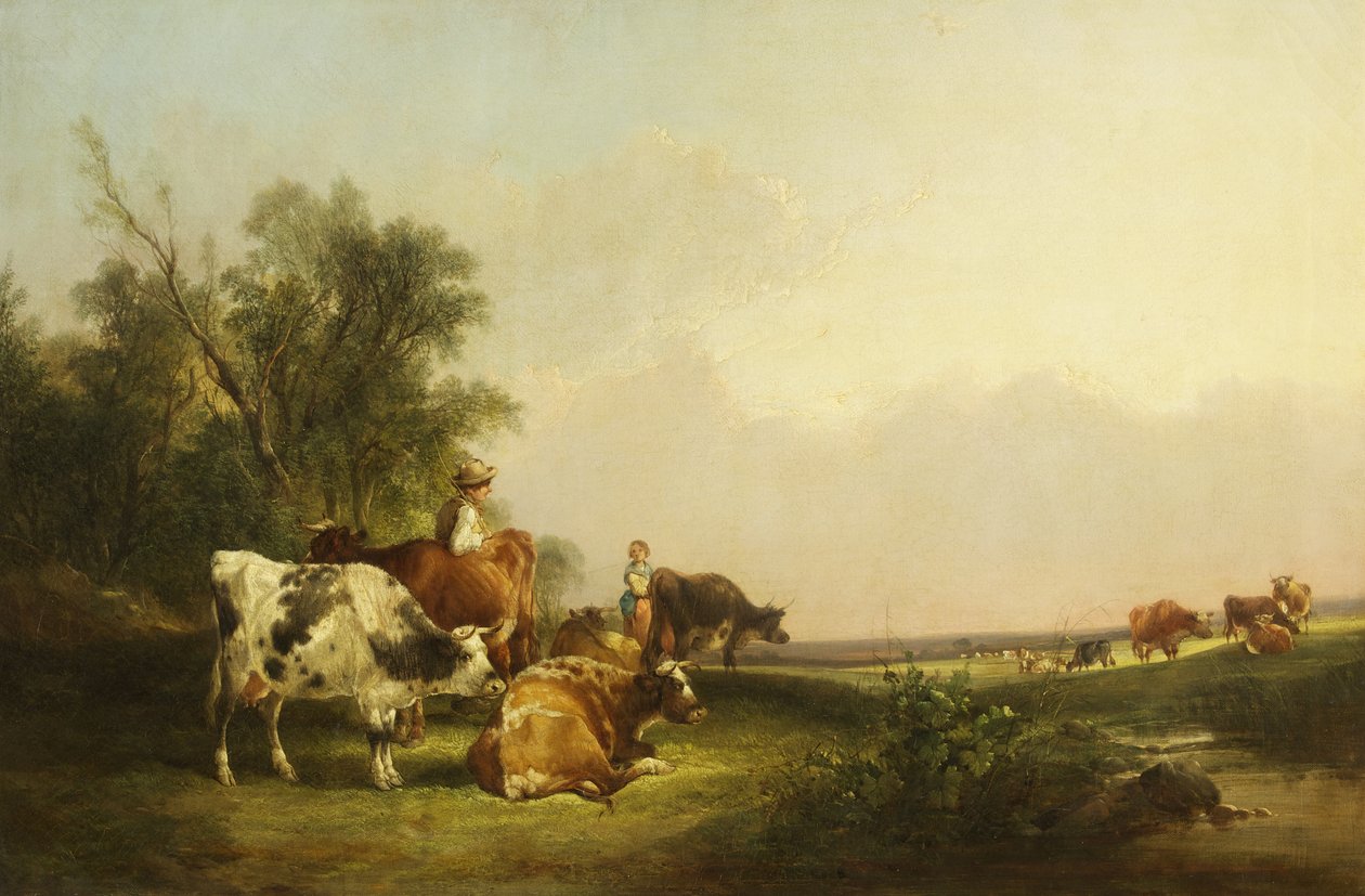Pastoral Scene, Cattle & Figures by William Snr. Shayer
