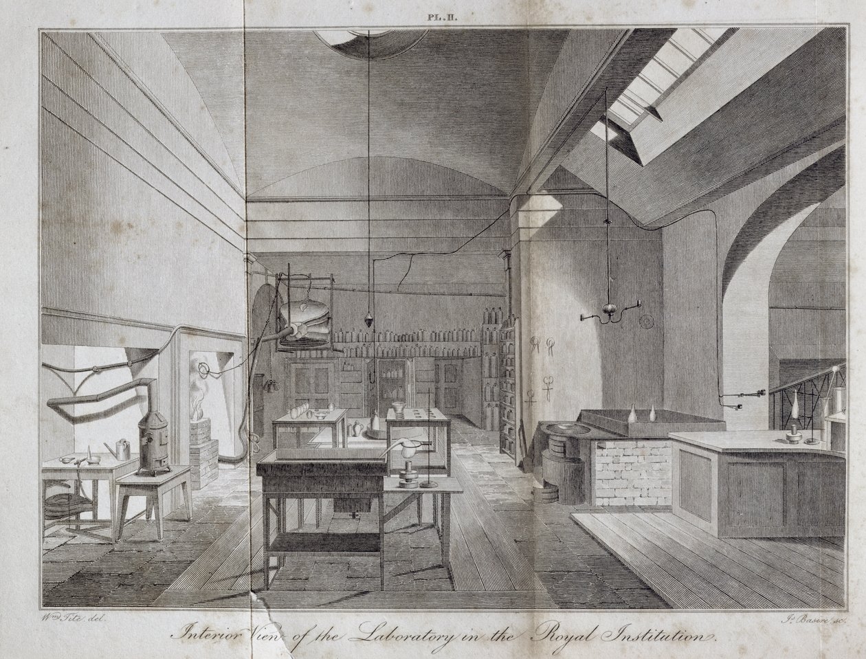 Interior View of the Laboratory in The Royal Institution, engraved by James Basire from William Thomas Brandes A Manual of Chemistry, published 1819 by William Tite