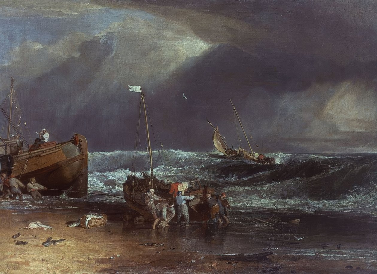 Bringing in the Boat in a Storm – 19th Century. Artist: Joseph Mallord William Turner. Location: Kenwood House / Iveagh Bequest, London, England by Joseph Mallord William Turner