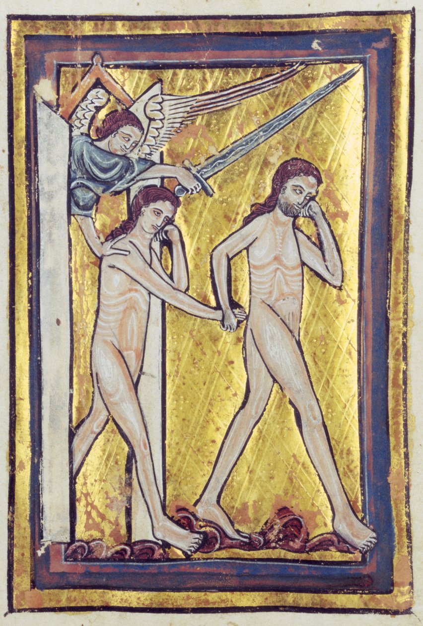 Adam and Eve banished from Paradise, from a book of Bible Pictures by William de Brailes  