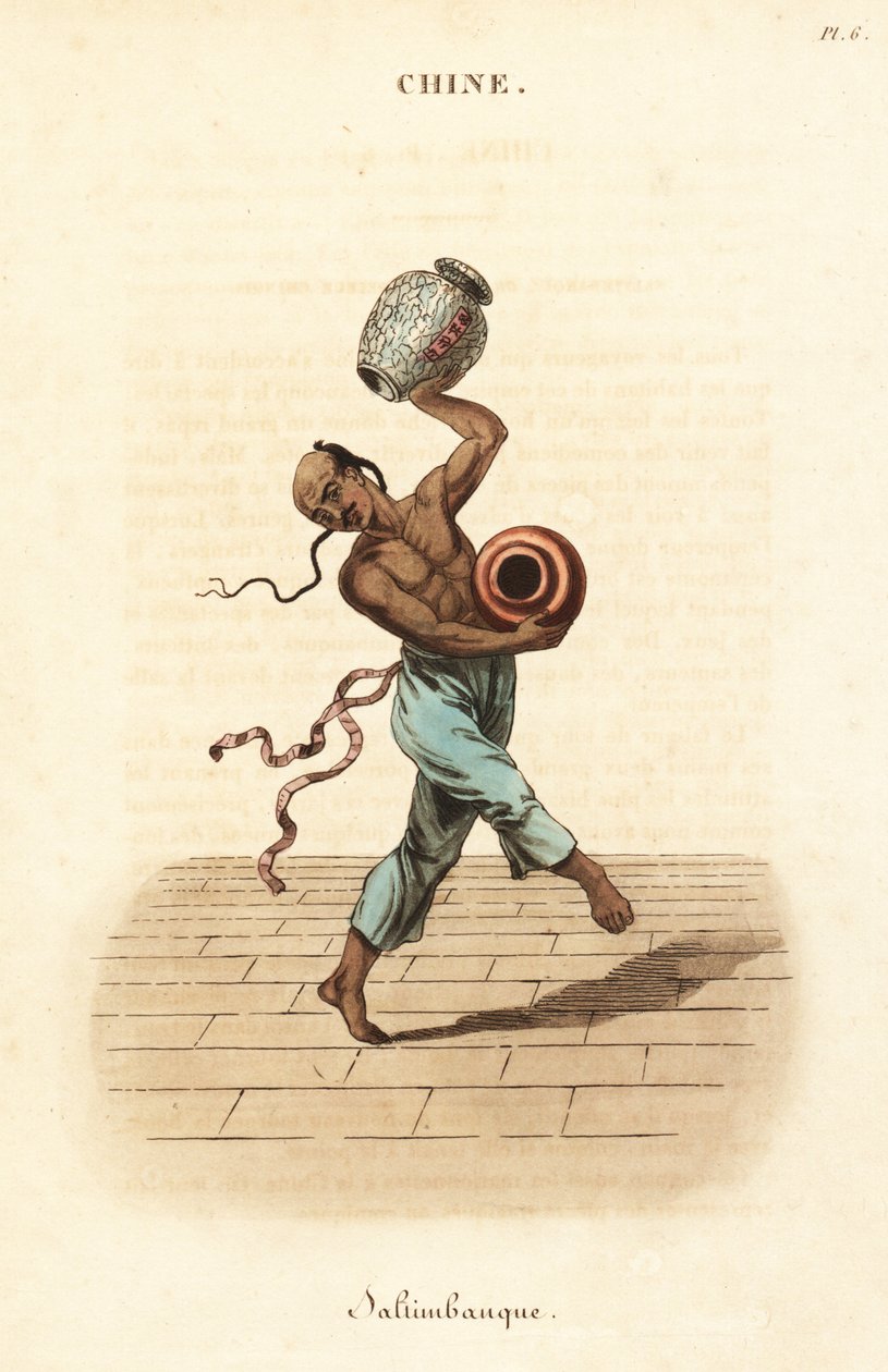 Chinese juggler dancing and juggling with two large vases by William (after) Alexander