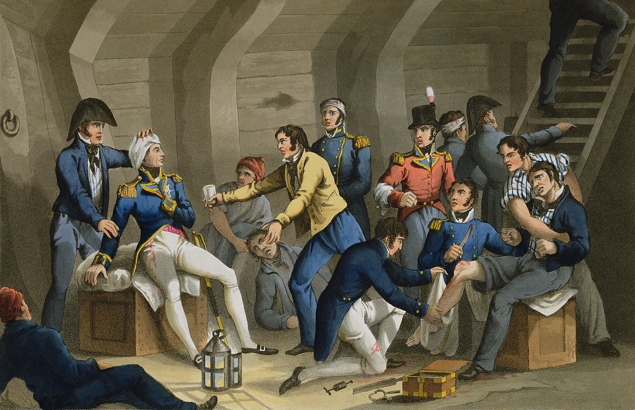 The Cockpit, Battle of the Nile, showing Nelson wounded in the battle, engraved by Matthew Dubourg from 