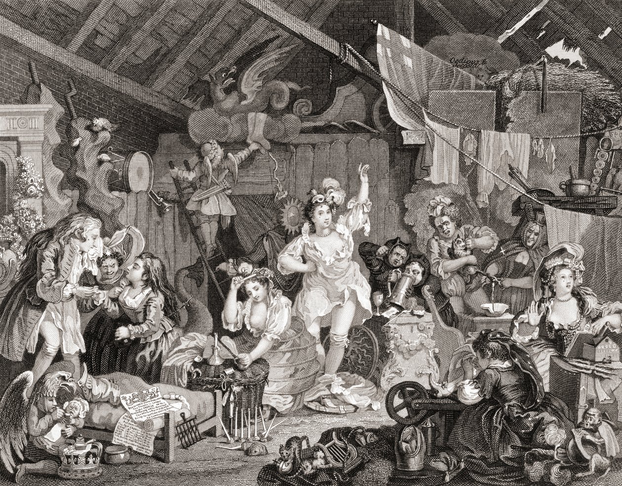 Strolling Players rehearsing in a Barn, engraved by G Presbury, from The Works of Hogarth published London 1833 by William (after) Hogarth