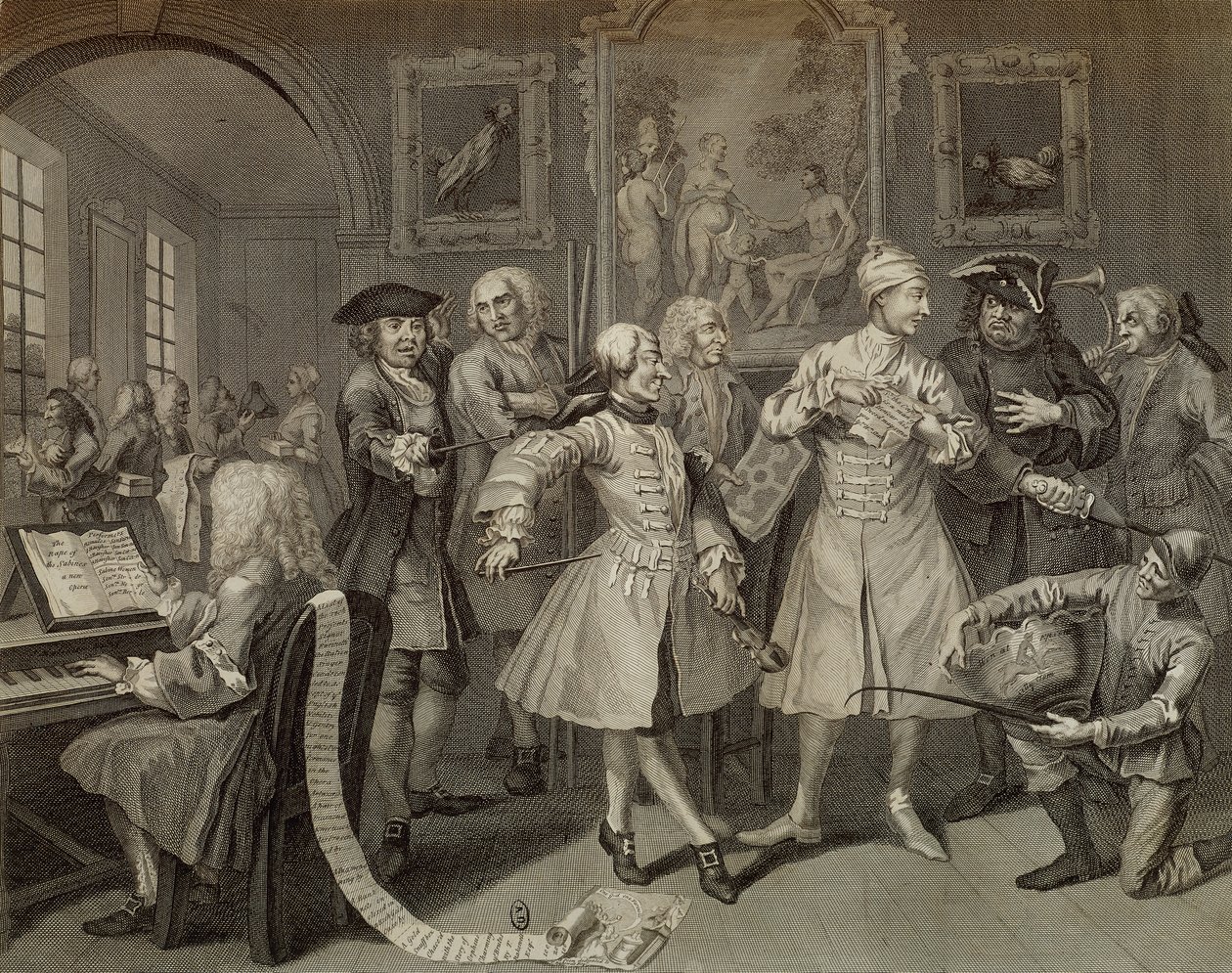 Tom Rakewell surrounded by artists and professors, plate II from The Rake