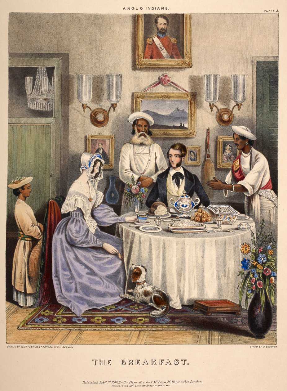 The Breakfast. A young married couple (an East India Company civil servant and his wife) breakfasting on fried fish, rice and Sylhet oranges, with servants in attendance by William (after) Tayler