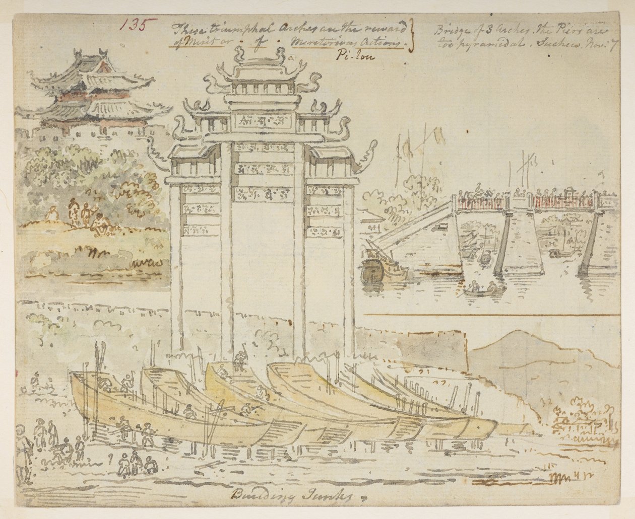 Junks being built near a triumphal arch. These triumphal arches are the reward of Merit or of Meritorious Actions. Bridge of 3 arches. The Piers are too pyramidal. Suchew [Soochow], from an Album of 372 drawings of landscapes, coastlines, costumes and ever by William Alexander