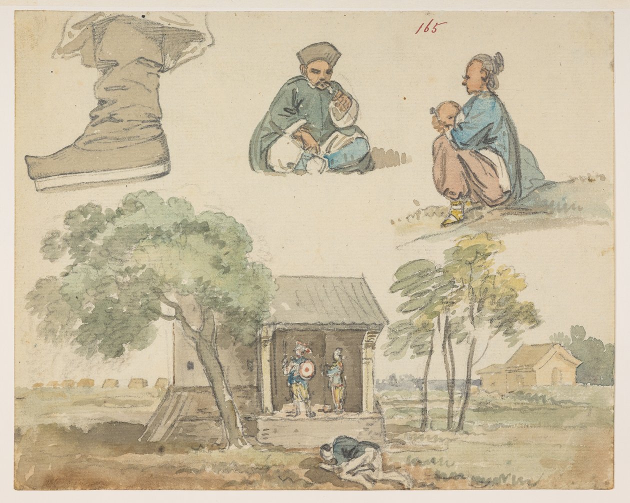 Figure studies and shrine, from an Album of 372 drawings of landscapes, coastlines, costumes and everyday life made during Lord Macartney