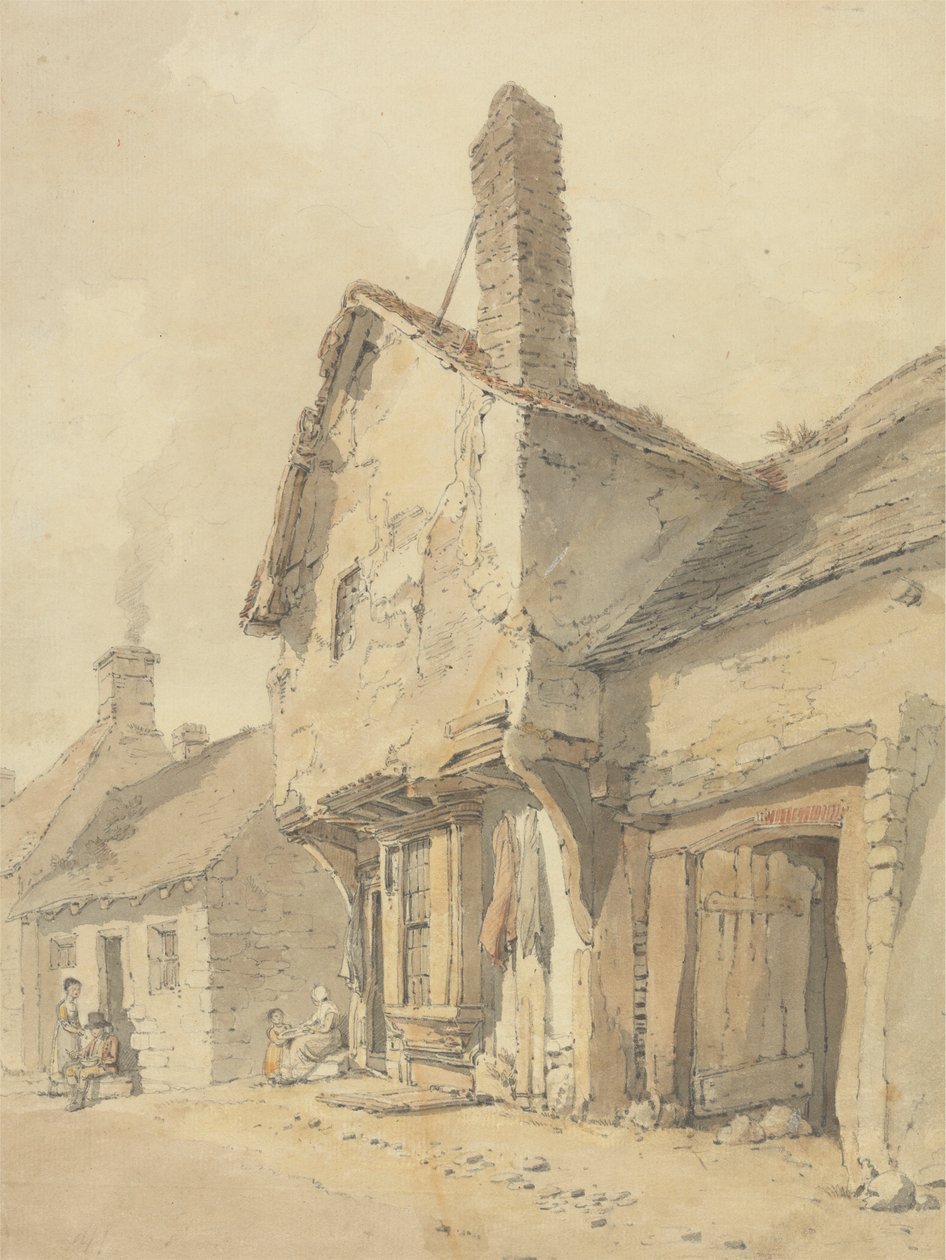 A Village Street, Figures by Old Cottages by William Alexander