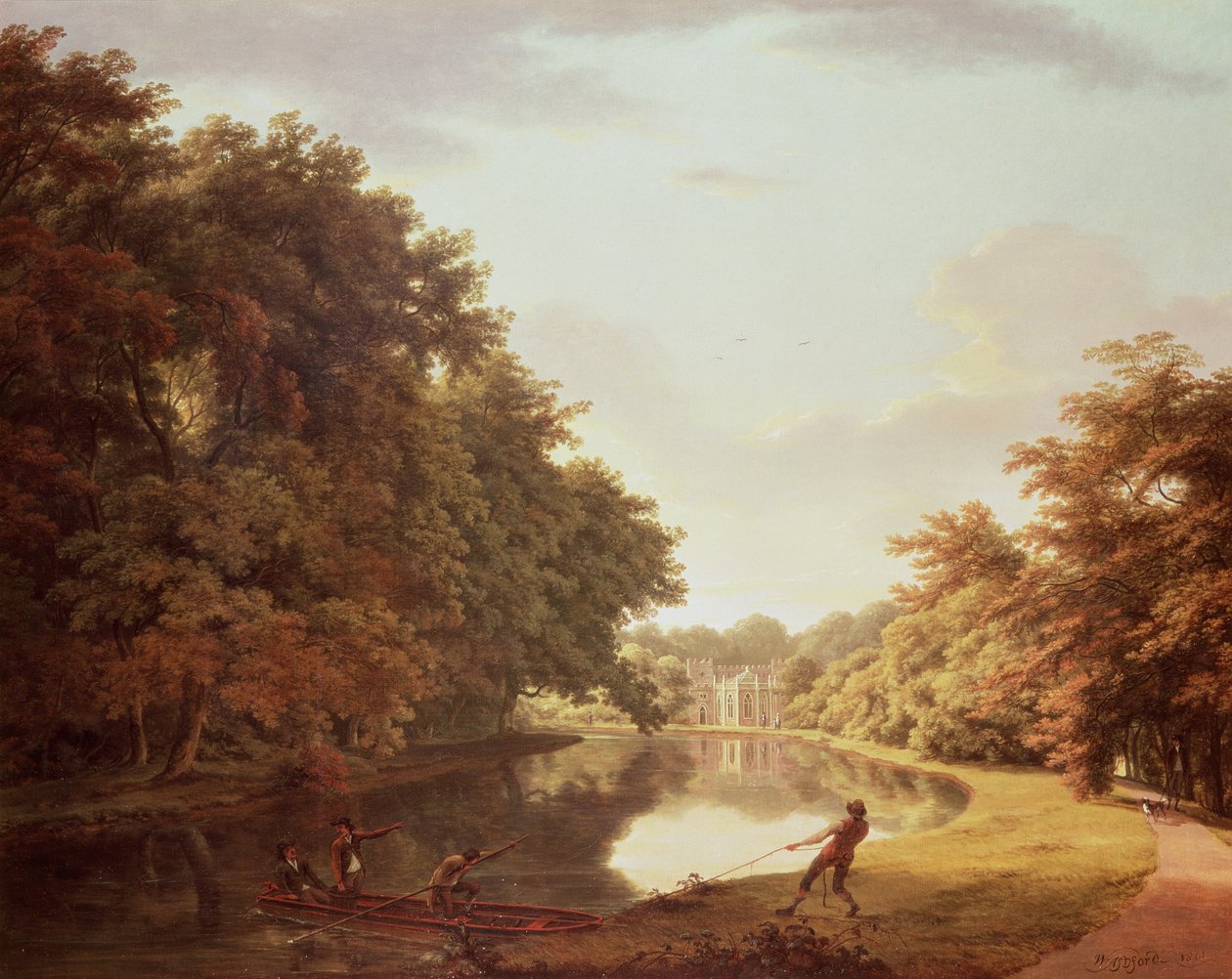 Punt on the River Clodiagh at Charleville Forest, Offaly with the Castellated Farm and Gothick Dairy beyond, c.1810 by William Ashford