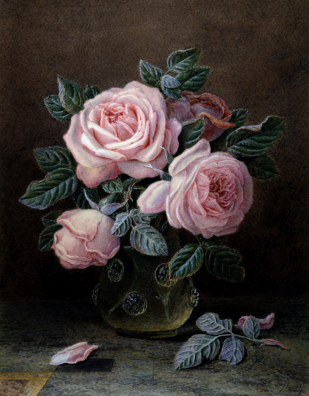 Pink Roses in a Glass Vase by William B. Hough