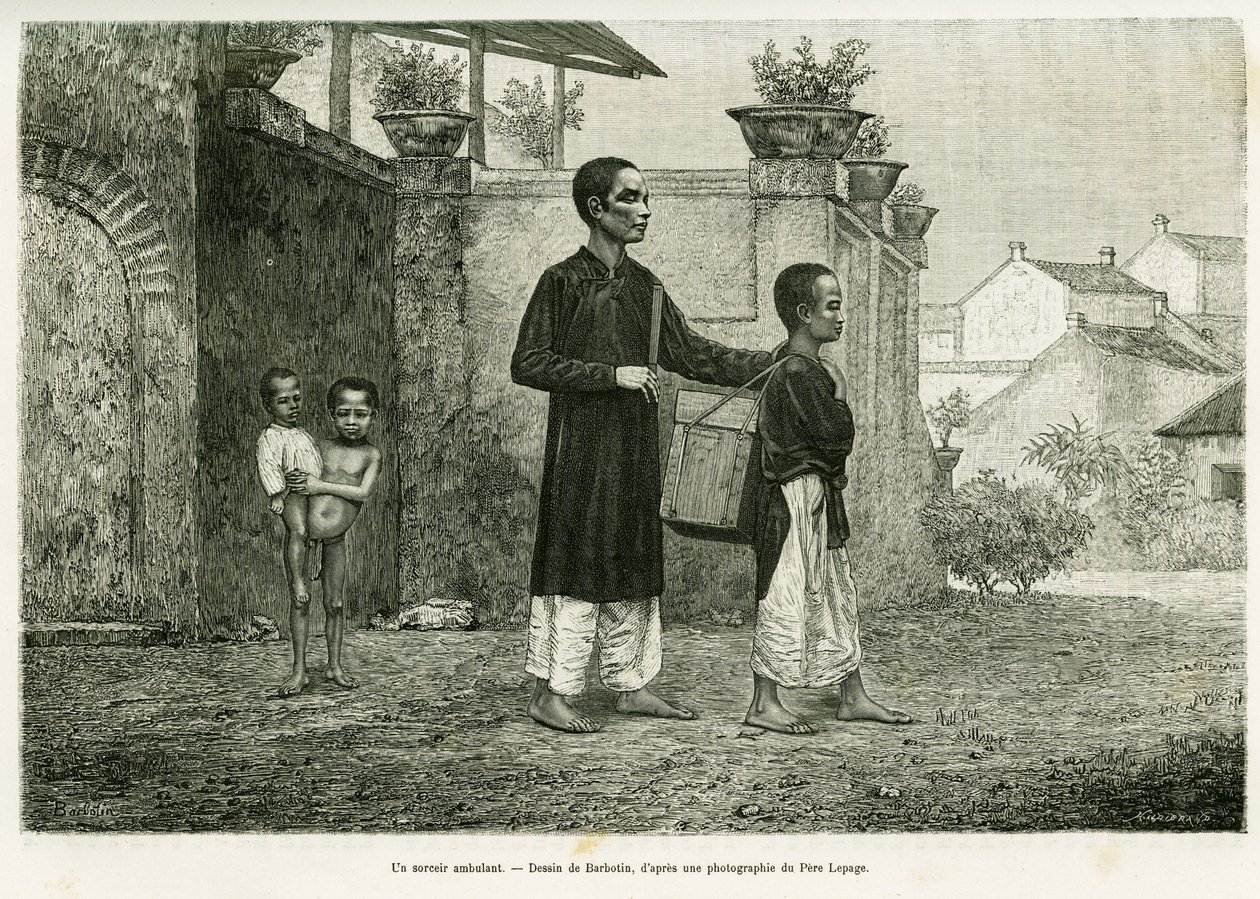 A walking wizard, a blind masseur. Engraving by Barbotin, to illustrate the story Trente mois au Tonkin, in 1884, by Doctor Paul Hocquard, in le tour du monde 1890, under the direction of Edouard Charton by William Barbotin