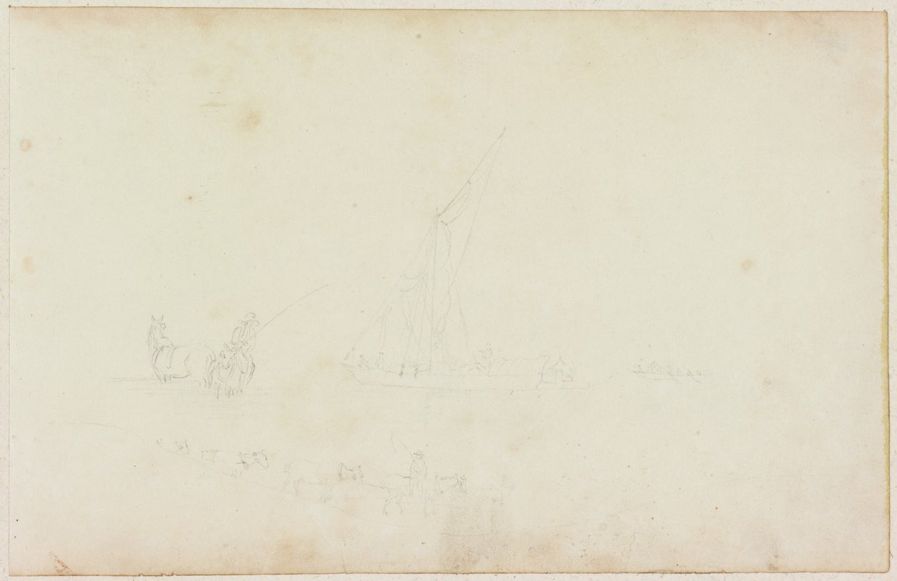 Sketch of Ship Rowing Boat and Rider with Line of Horses by William Beilby
