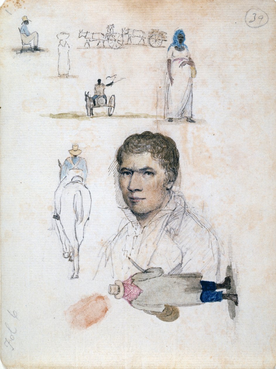 Eight small drawings, including portrait, figure studies, carts by William Berryman