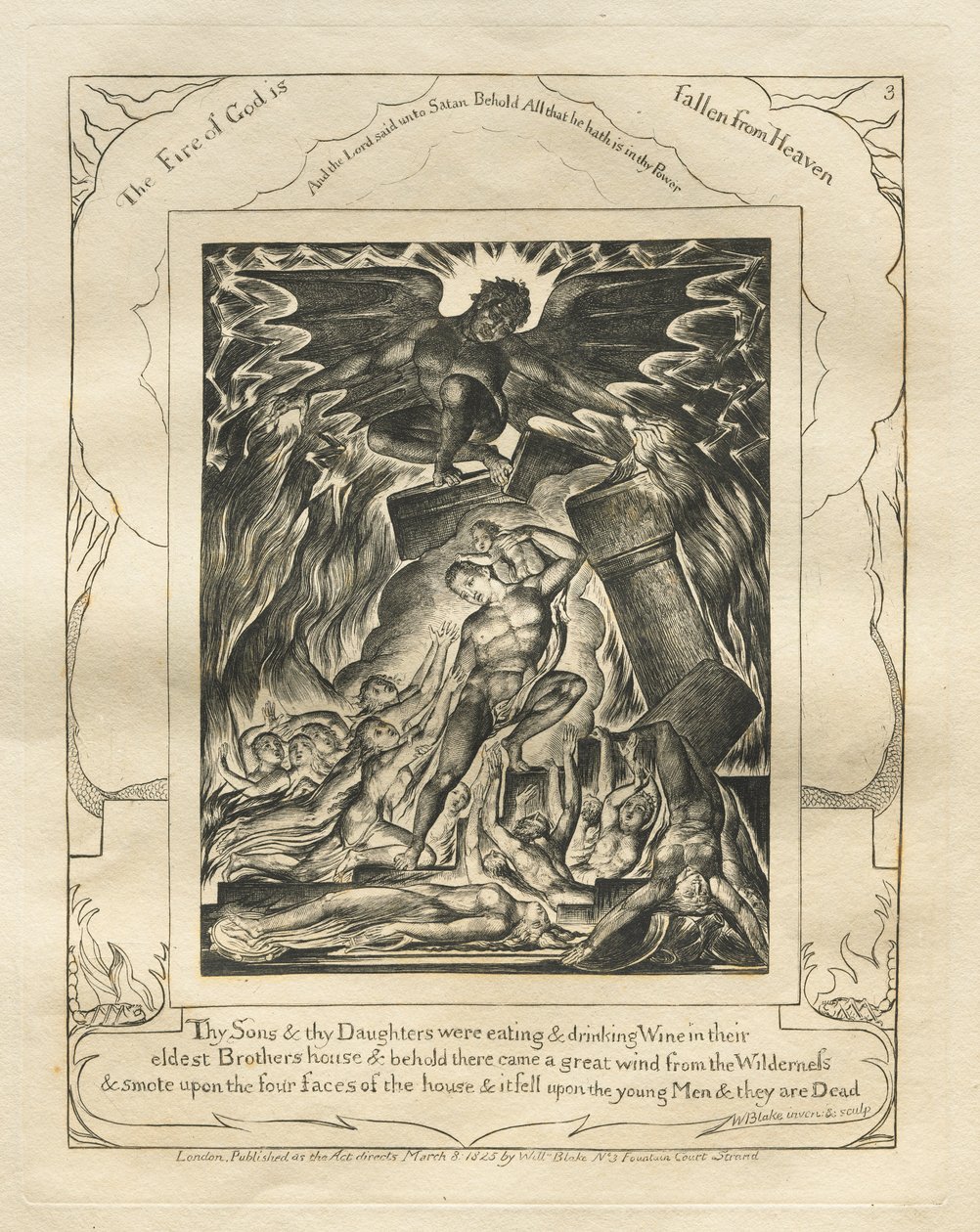 The Book of Job: Pl. 3, Thy Sons and thy Daughters were eating and drinking Wine in their eldest Brothers house by William Blake