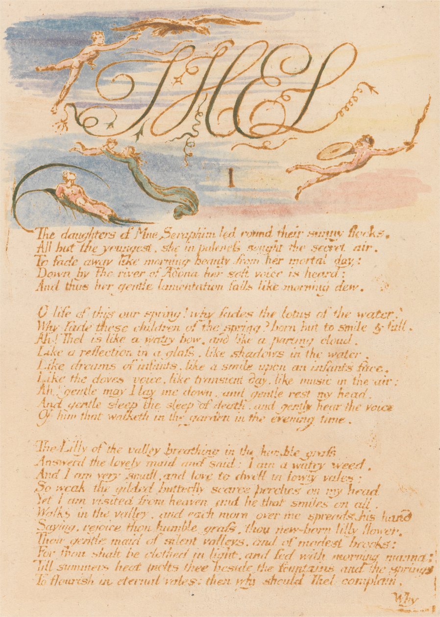 The Book of Thel, Plate 3, "Thel / I / The daughters of Mne Seraphim . . . ." by William Blake