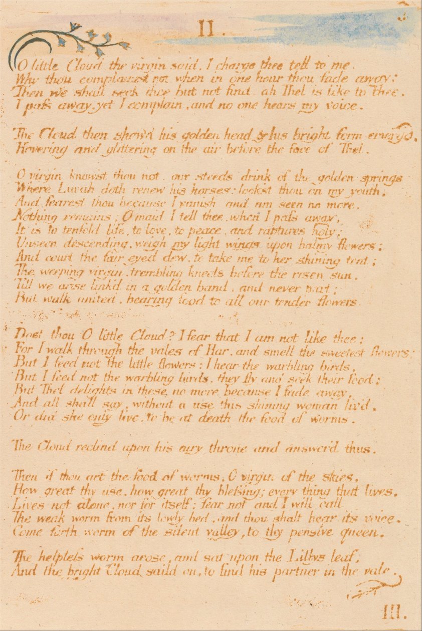 The Book of Thel, Plate 5, II. , O little Cloud . . . . by William Blake