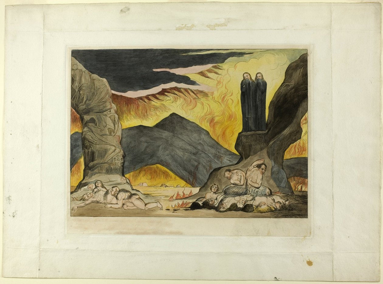 The Circle of the Falsifiers: Dante and Virgil Covering their Noses Because of the Stench. Inferno, canto XXIX by William Blake