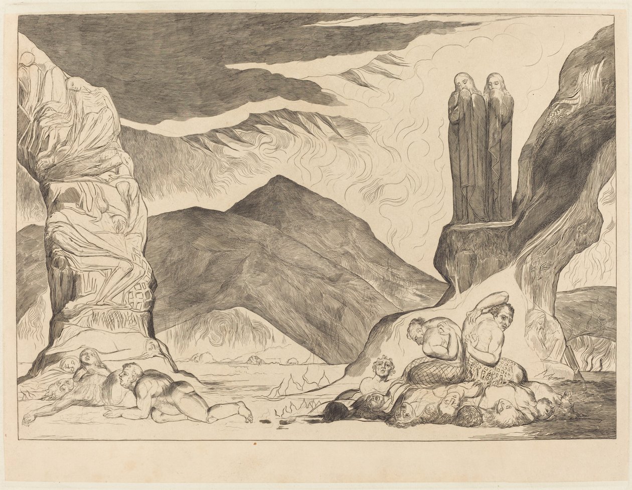 The Circle of the Falsifiers; Dante and Virgil Covering their Noses because of the Stench by William Blake