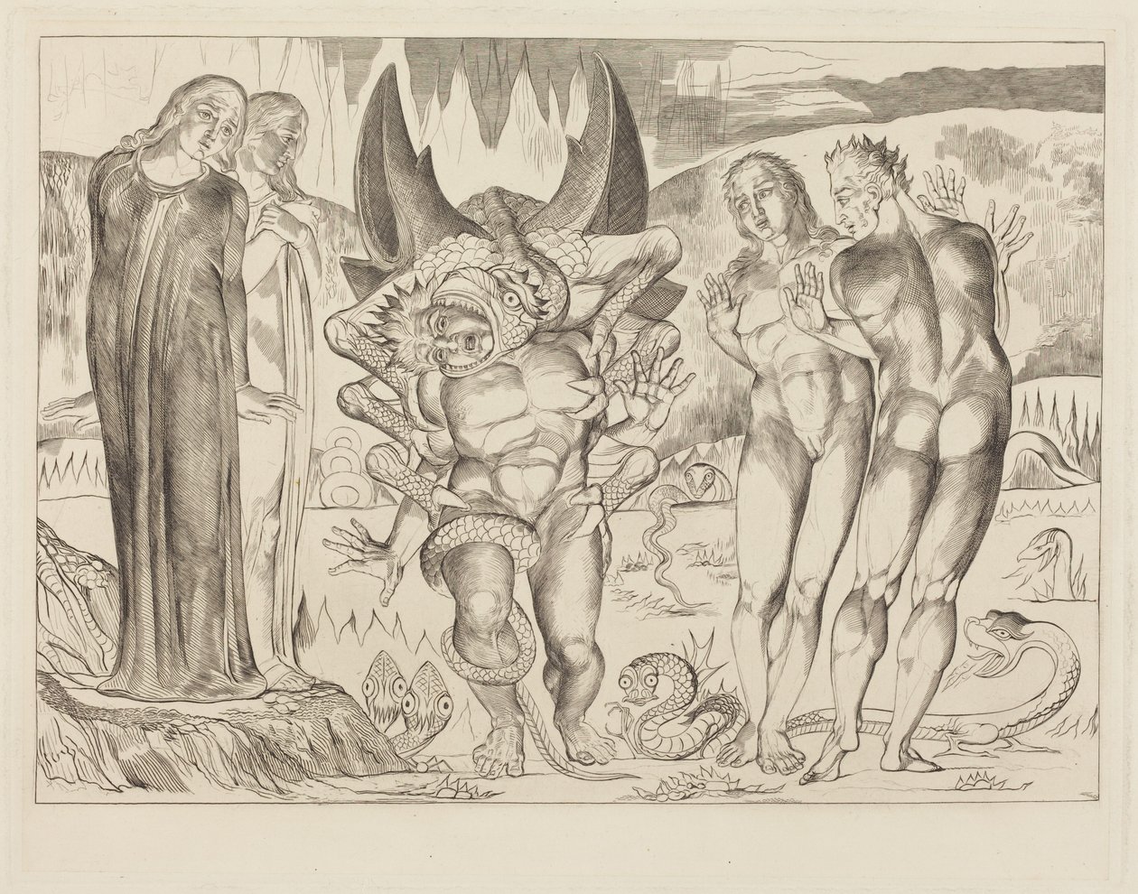 The Circle of the Thieves; Agnolo Brunelleschi Attacked by a Six-Footed Serpent by William Blake