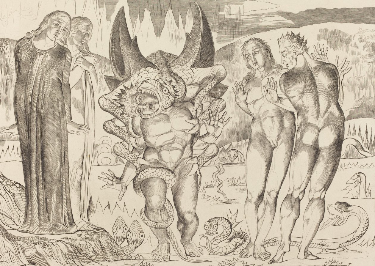 The Circle of the Thieves, Agnolo Brunelleschi Attacked by a Six-Footed Serpent by William Blake