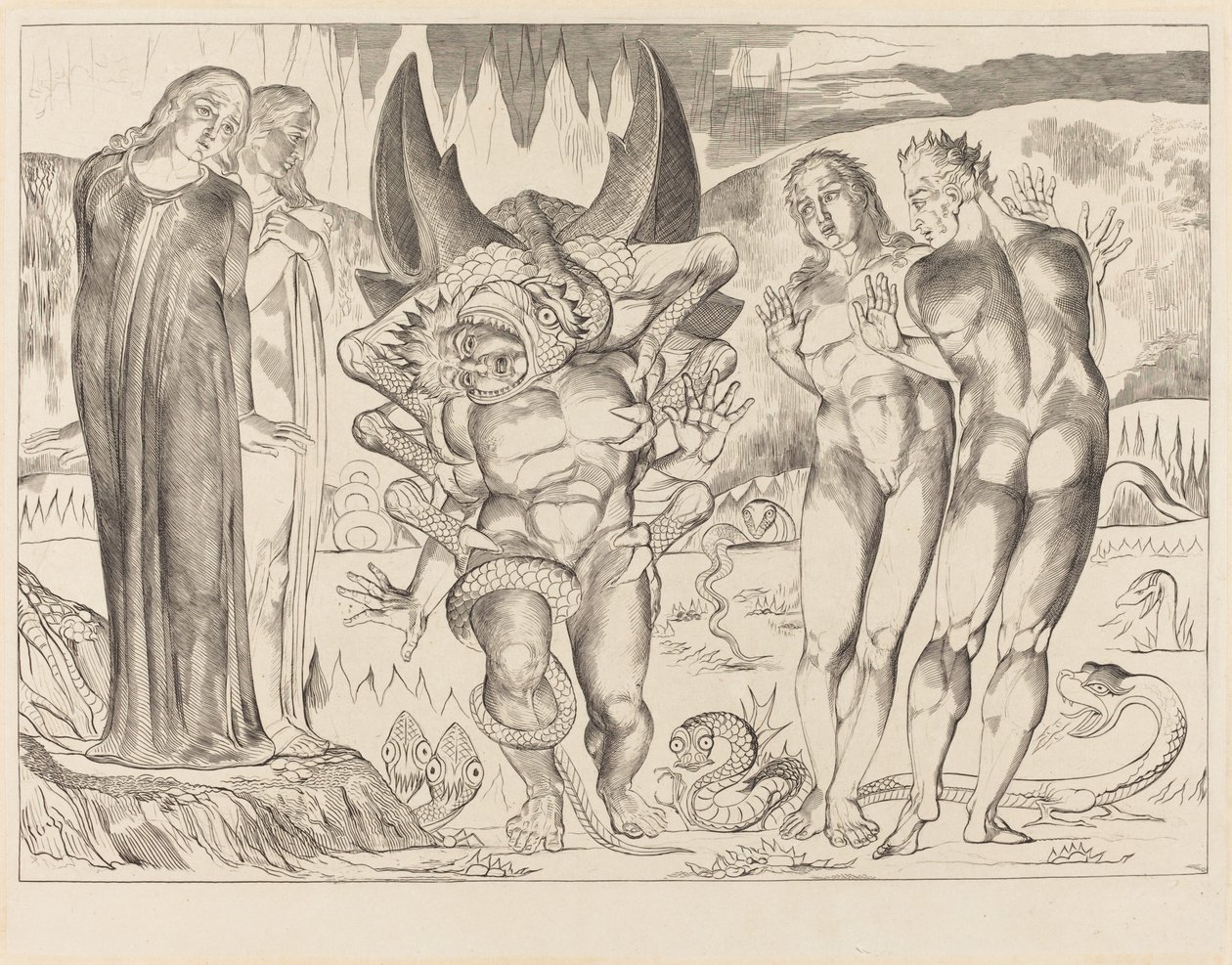 The Circle of the Thieves, Agnolo Brunelleschi Attacked by a Six-Footed Serpent by William Blake
