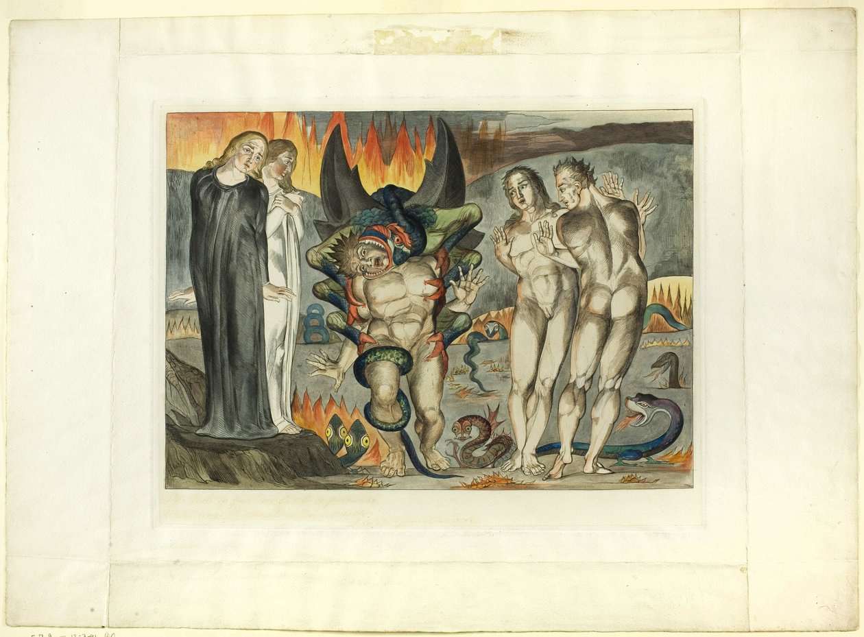 The Circle of the Thieves; Agnolo Brunelleschi Attacked by a Six-Footed Serpent. Inferno, canto XXV by William Blake